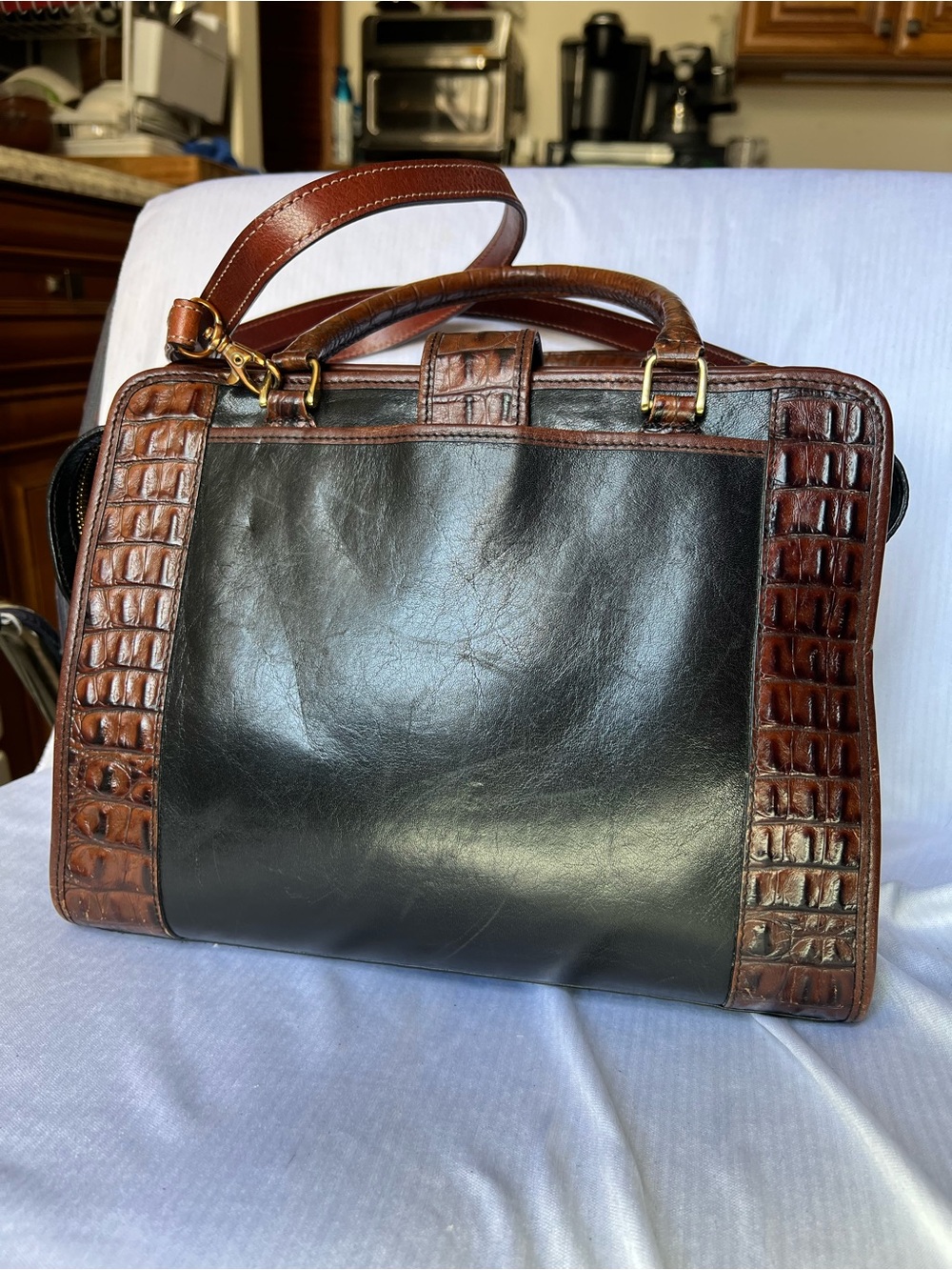 Vintage Brahmin Tuscan Addison Satchel Bag Black & Croc Leather (Excellent) - Picture 5 of 16